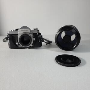 Nikon Nikkormat FT Film Camera Silver with Half Case & Accura 500mm Lens